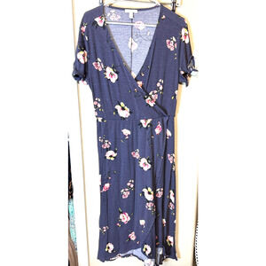 Lauren Conrad Grey & Pink Floral Midi Dress sz L faux wrap comfy knit beach